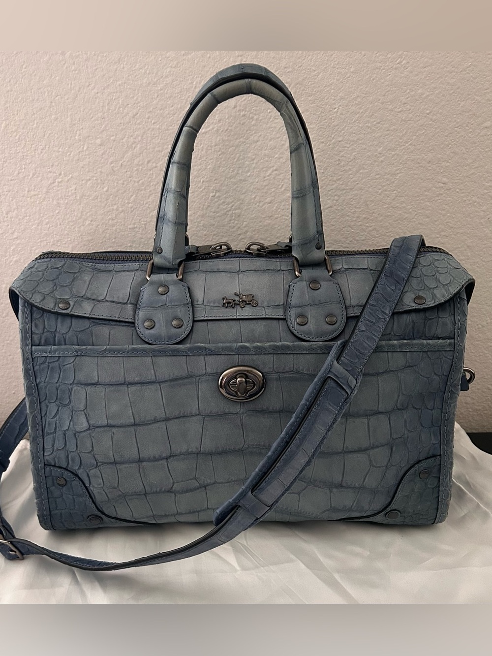 COACH RHYDER SATCHEL IN CROC EMBOSSED DENIM LEATHER